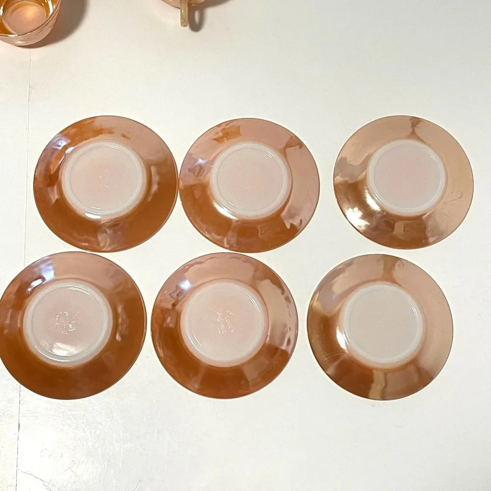 Vintage Fire King Peach Lustre Laurel Leaf Iridescent Cups and Saucers Set‎ of 5